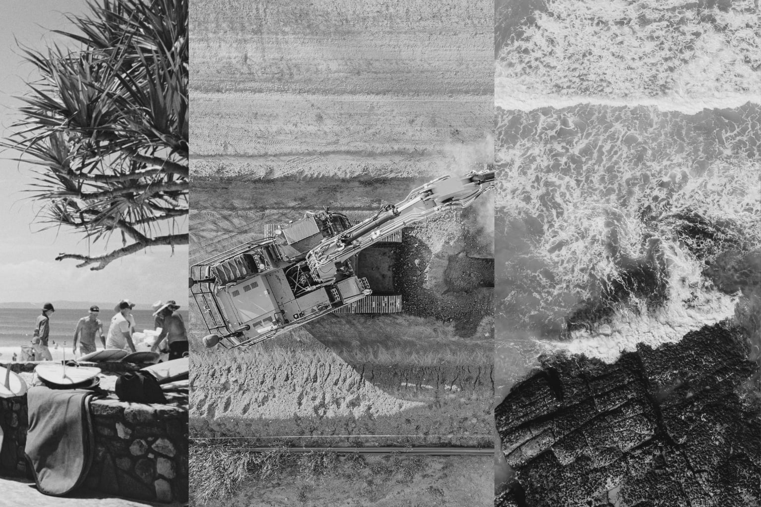 New Zealand coastal scene, construction excavator and Queensland coastline representing the NZ to Queensland tradie relocation pathway